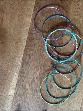 Set of Colorful Metal Bangle Bracelets - Teal, Purple, Pink
